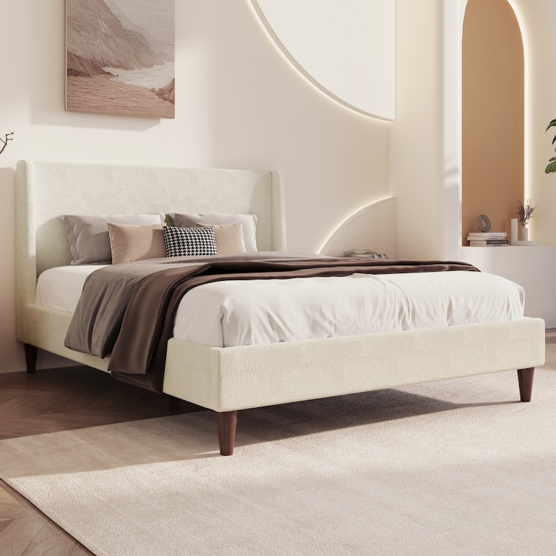 Modern Velvet Upholstered Platform Bed with Wingback Headboard