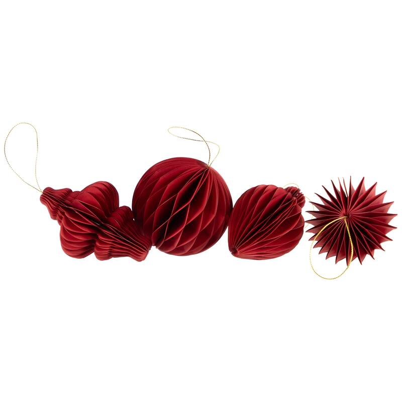 Foldable Honeycomb Paper Christmas Finial Ornaments - 4" - Red - Set of 4