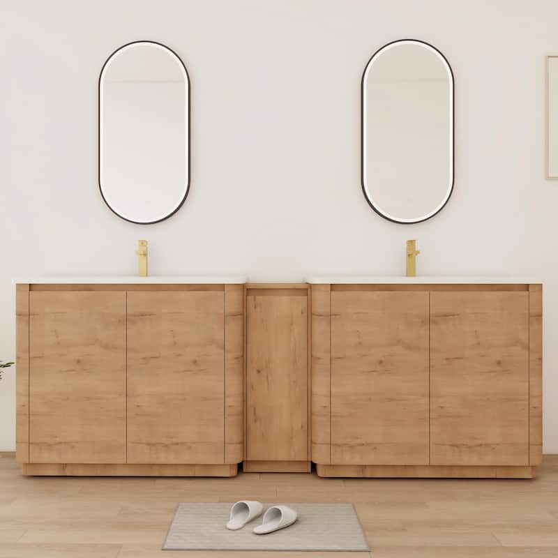 Bathroom Vanity With Sink In 36/40/48/52/60/64/84/92 Inch, Freestanding Bathroom Vanity With Doors and Adjustable Shelf - 92''W×18.7''D×34.1''H - Imitative Oak