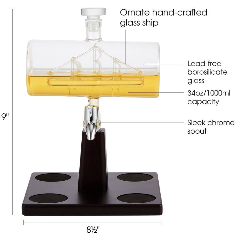 Berkware Whiskey Dispenser with Interior Hand-Crafted Ship-in-a-Bottle Design with 4 Globe Glasses