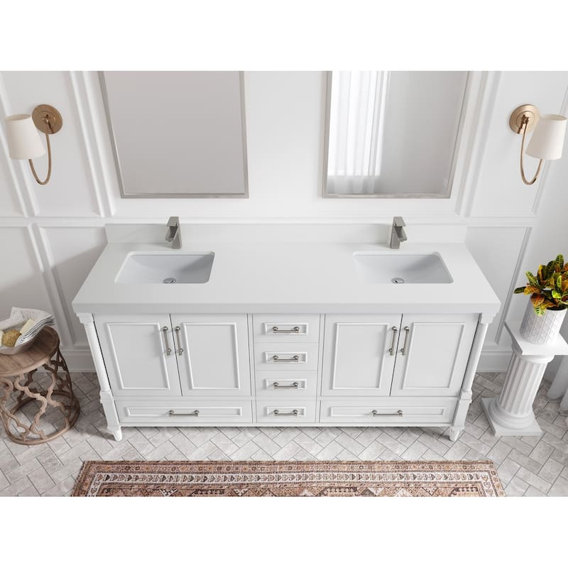Willow Collections 72 in. W x 22 in. D Aberdeen Double Sink Bathroom Vanity with Countertops - 2" White Quartz - White