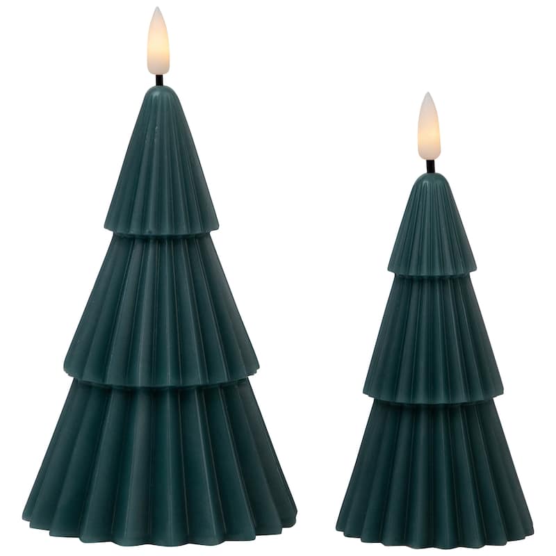 Ribbed Flickering LED Flameless Christmas Tree Wax Candles - 6" - Green - Set of 2