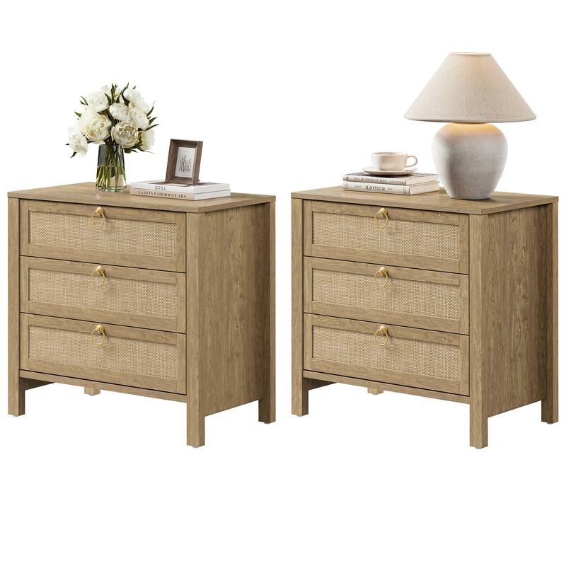 Set of 2 Farmhouse Style Nightstands with 3 Drawers