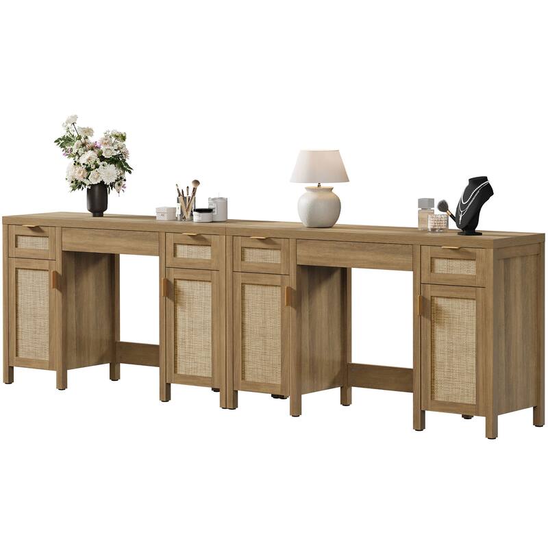 Multifunctional Rattan Vanity Desk with 3 Drawers - 1-Piece