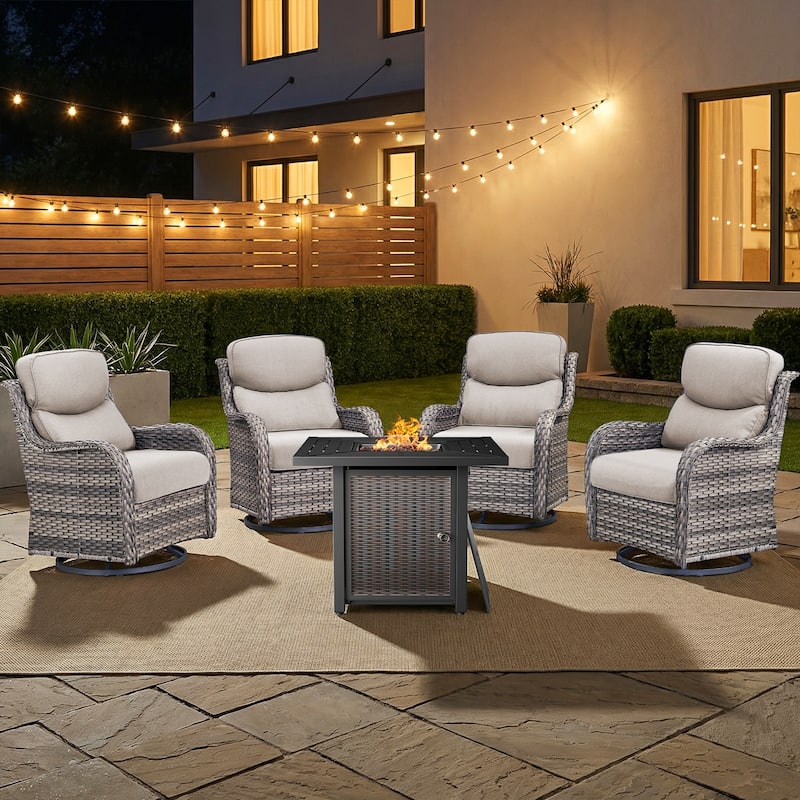 Pocassy 30 In Outdoor Fire Pits with Patio Swivel Glider Chari Set. - Gray Wicker Beige Cushion - 5-Piece Swivel Chair w/ Fie Pit Table