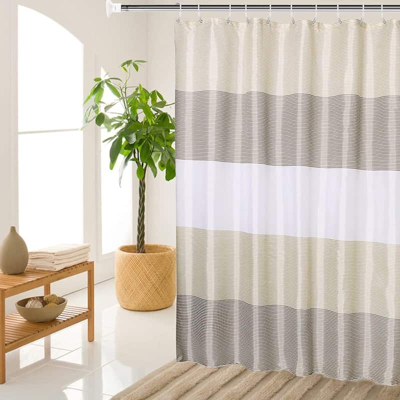 Gold Brown White Stripes Fabric Shower Curtain, 36" W×72" H Inch
