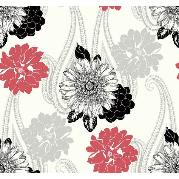 slide 2 of 6, Seabrook Designs Britton Floral Paisley Unpasted Wallpaper 27 in. W x 27 ft. L - Strawberry & Metallic Silver