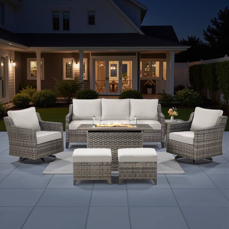 Pocassy Outdoor Swivel Chair with Sofa with Fire Pit Table - Beige Cushion Gray Wicker - 7-Piece Sofa Siwvel Chair Ottoman w/ Fire Table