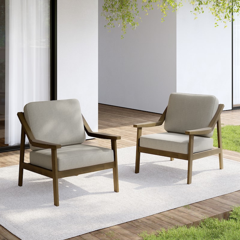 Set of 2 Outdoor Teak Wood Patio Chair with Cushion - Natural Wood - Light Camel