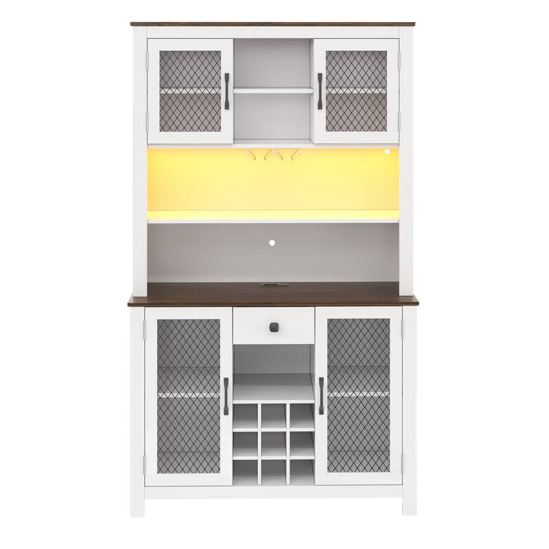 Kitchen Pantry Cabinet with LED Light, Built-in Power & USB Outlets, Kitchen Hutch Cabinet with Doors, Wine Rack & Shelves