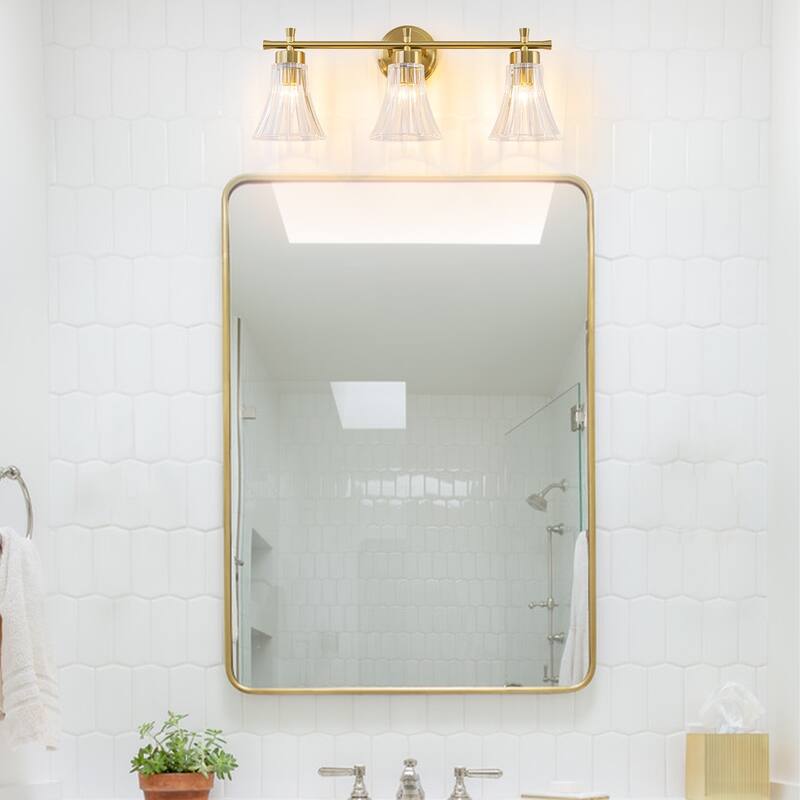 Gold Metal Wall Sconce Ribbed Trumpet Glass Shade for Bathroom Vanity