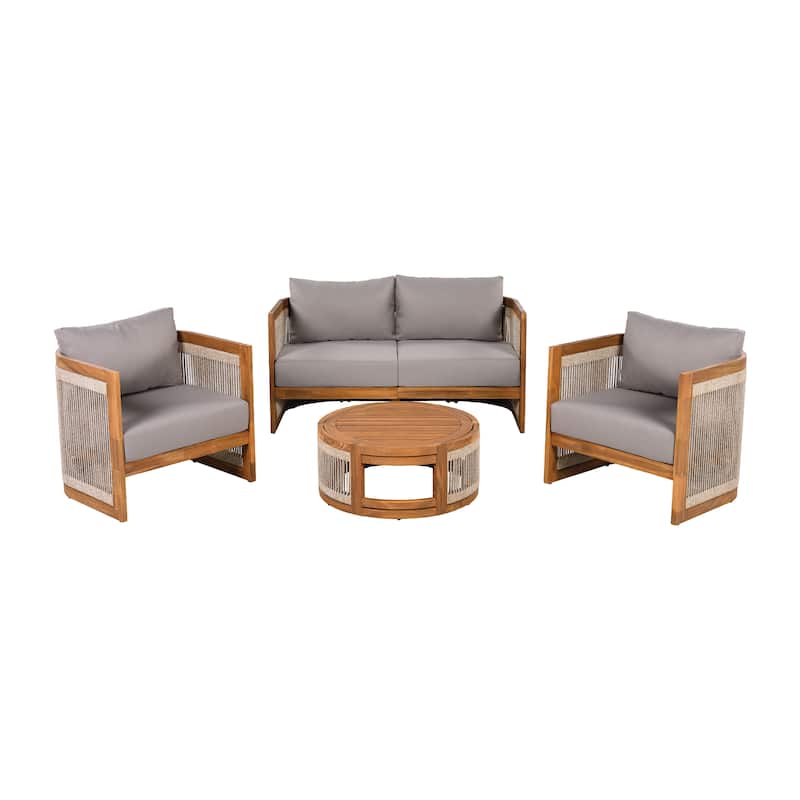 4-Piece Patio Seating Group w/ 2 Chairs, Loveseat & Table Premium Acacia Wood Outdoor Furniture Set - Grey