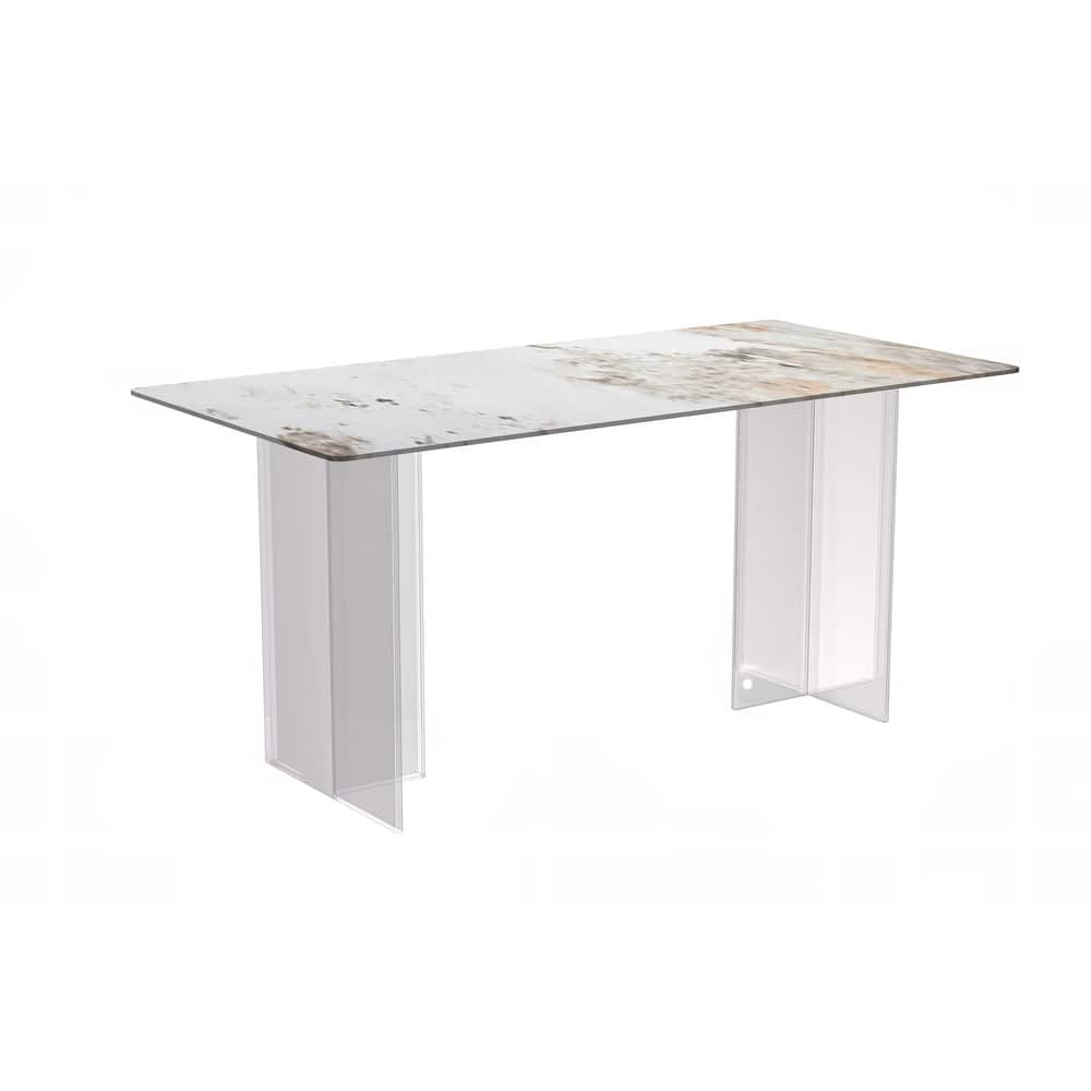 Kova Modern Contemporary Rectangular Dining Table with Sintered Stone or Glass Top, Acrylic Base for Dining or Entertainment