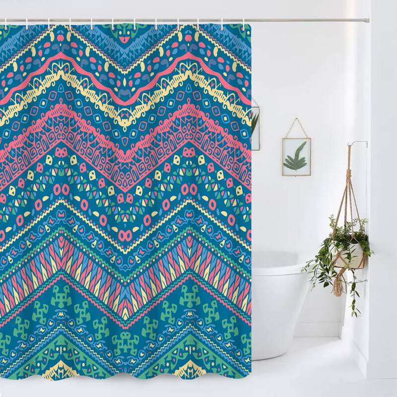 Blue Bohemian Shower Curtain, 72"x72", Colorful Stripe Fabric