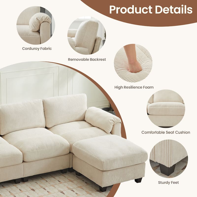 Corduroy Sectional Sofa with a Removable Ottoman, L-shaped Reversible 4-seat Modular Couch