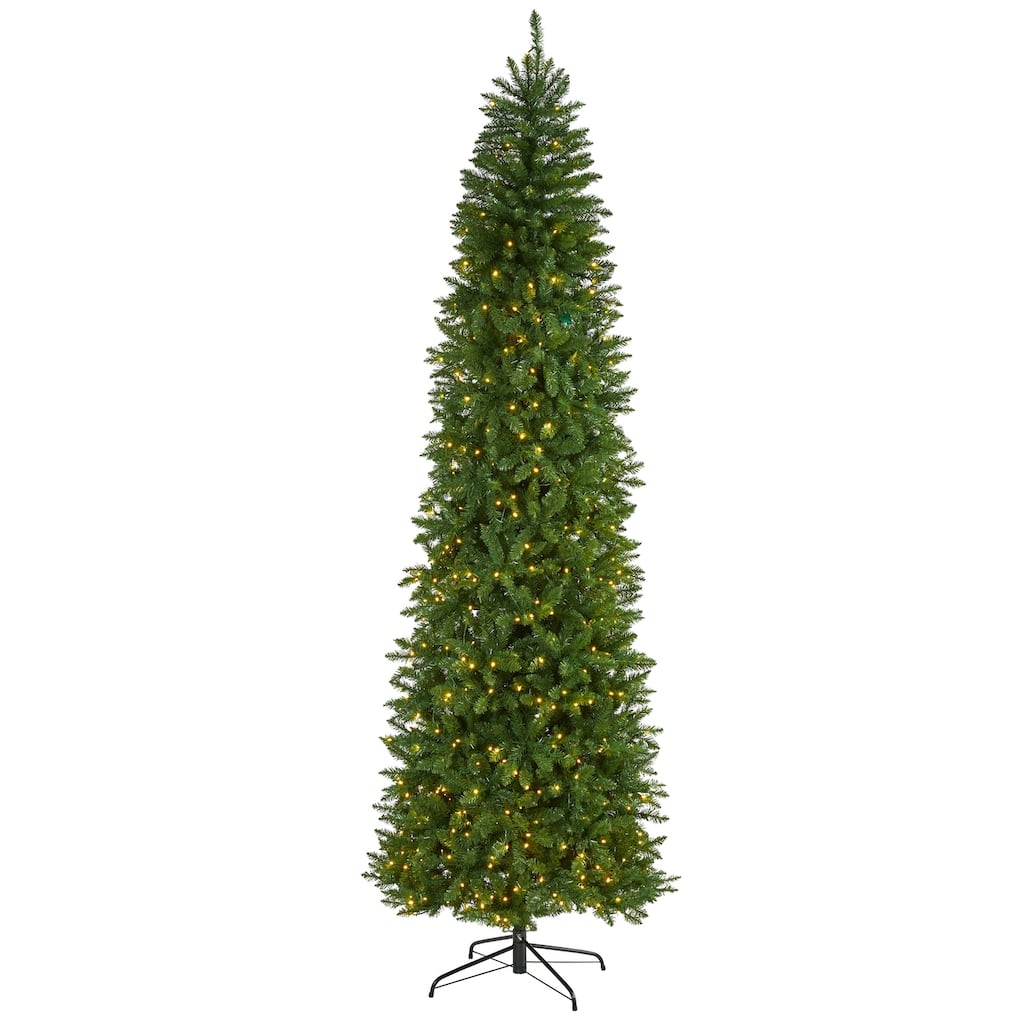 9ft Artificial Christmas Tree Slim Pencil Tree, Prelit Green Pine Tree with Metal Stand, Holiday Decor - 108