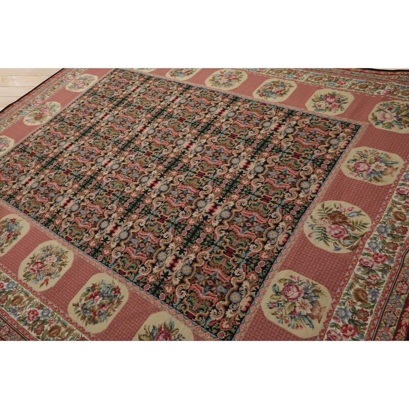 7'8''x9'8'' Hand Woven Wool Black Aubusson Needlepoint Floral Area Rug - 7' 8'' x 9' 8''