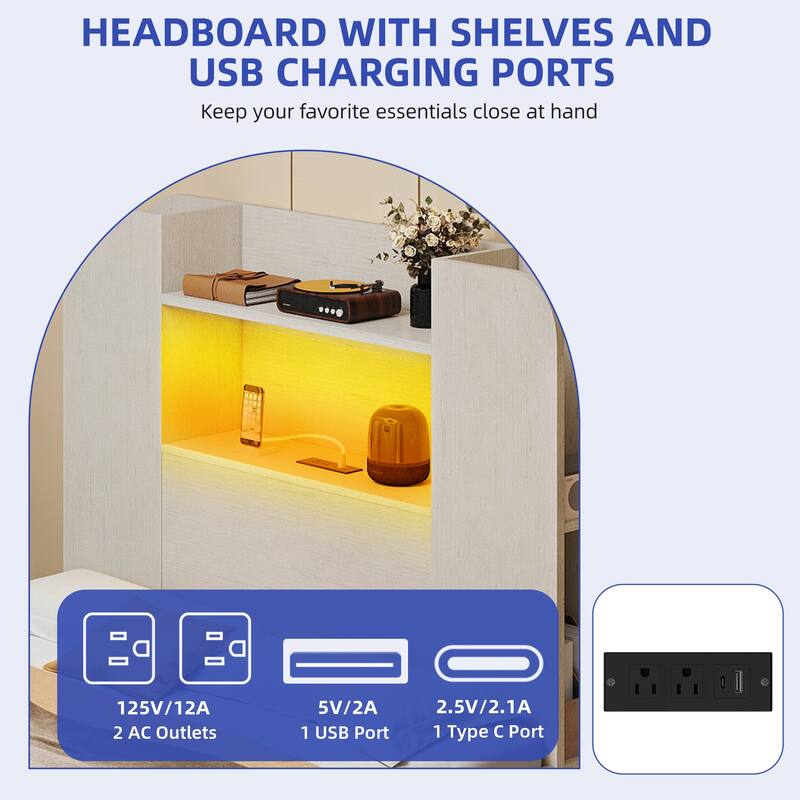 Bed with Trundle, Twin Size Bed Frame with Bookcase Daybed Storage Headboard and Charging Station & RGB LED Lights Bed