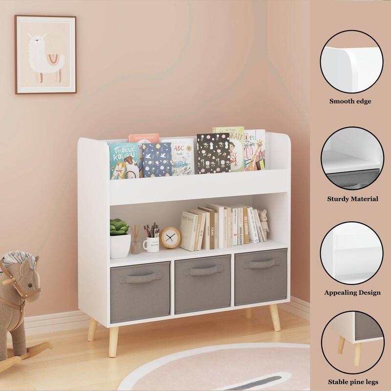 Kids Bookshelf with 3 Fabric Bins - Modern Toddler Bookcase and Toy Storage Organizer - White