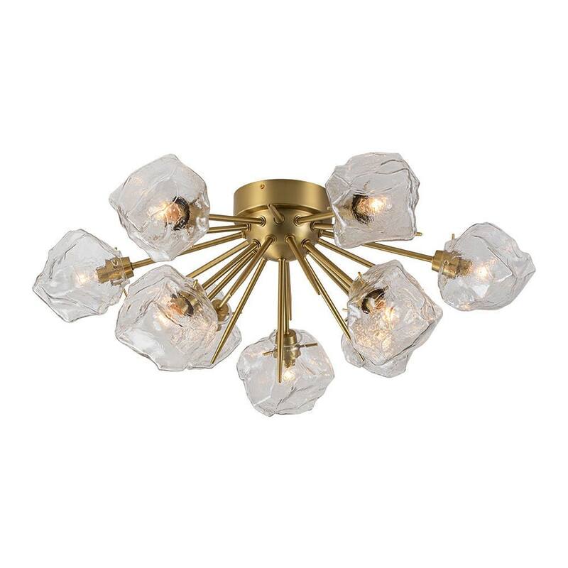 9-Light Sunburst Clear Glass Ice Shade Semi Flush Mount Brushed Brass - Brass