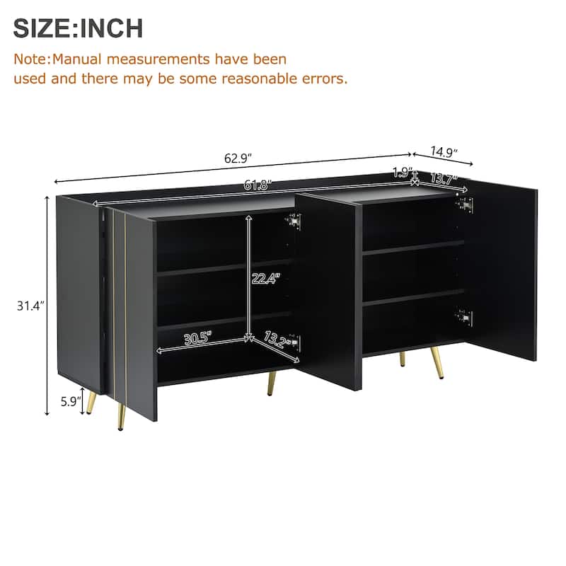 62.9" TV Stand Cabinet with 5 Metal Legs, 4 Adjustable Shelves and Gold Lines Doors for TVs Up to 70"
