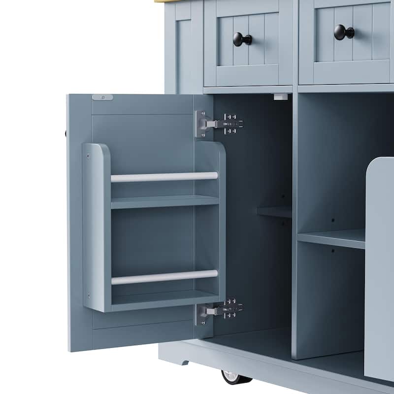 53'' Large Kitchen Island,2 Bar Stools,Power Outlet,Door Internal Storage Rack,5 Wheels,Drop Leaf,5 Open Side Racks,3 Drawers