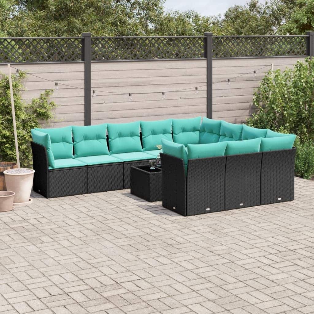 vidaXL 11 Piece Patio Sofa Set with Cushions Black Poly Rattan - 157.3x27.2x92.2