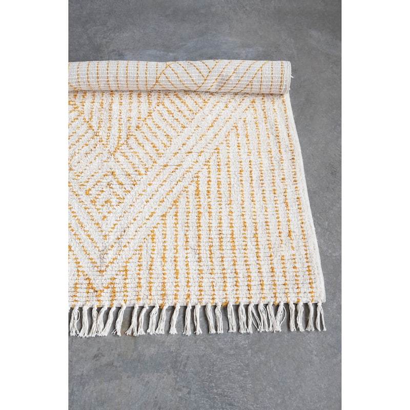 Stonewashed Cotton Tufted Rug with Diamond, Stripes and Fringe - 4' x 6'