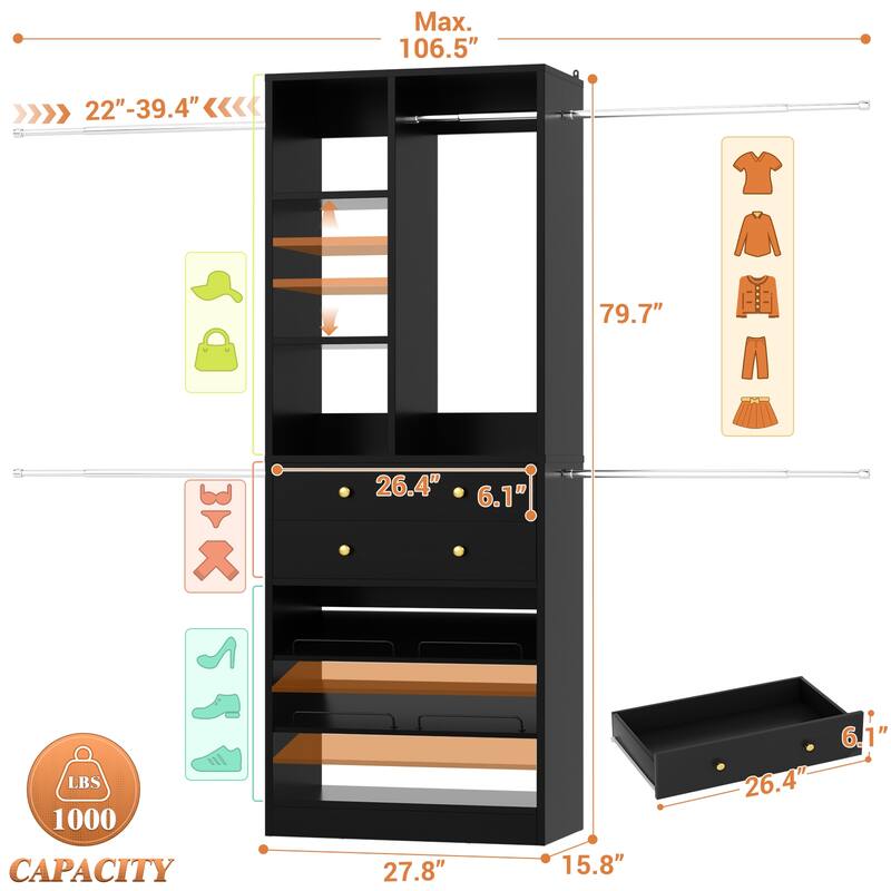 Closet Organizer with 5 Hanging Rods and 2 Drawers, Adjustable Closet System with Shelves and Shoe Rack