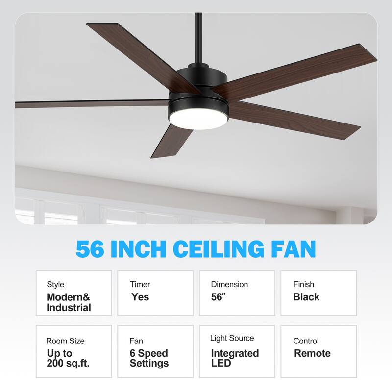 56 Inch 5-Blade LED Ceiling Fan with Light Remote and 2 Downrods
