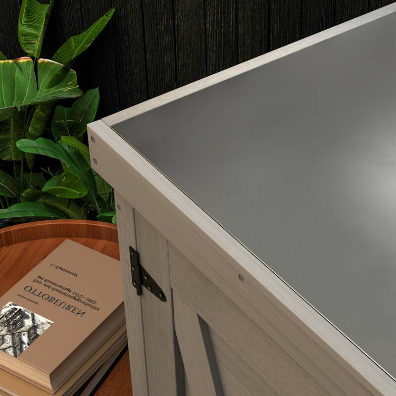 Wooden Patio Furniture with Metal-Tabletop, Potting Bench with Storage Cabinet, Outdoor Patio Storage Cabinet with Shelves