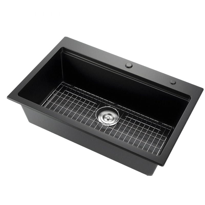 33" Top-Mount Black Kitchen Sink Granite Single Bowl with Roll-Up Rack and Cutting Board - 33" x 22" x 10"