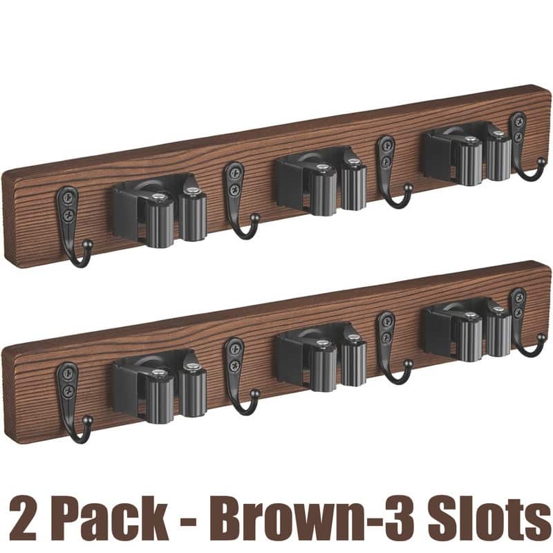 Wood Mop Broom Holder Wall Mount with 3 Slots & 4 Hooks - Brown - 3 Slots-2 Pack
