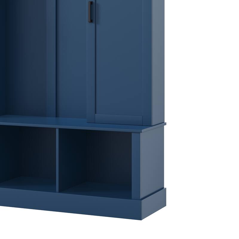 Modern Hall Tree with Adjustable Shelves Dual Cabinets Bench Entryway Organizer