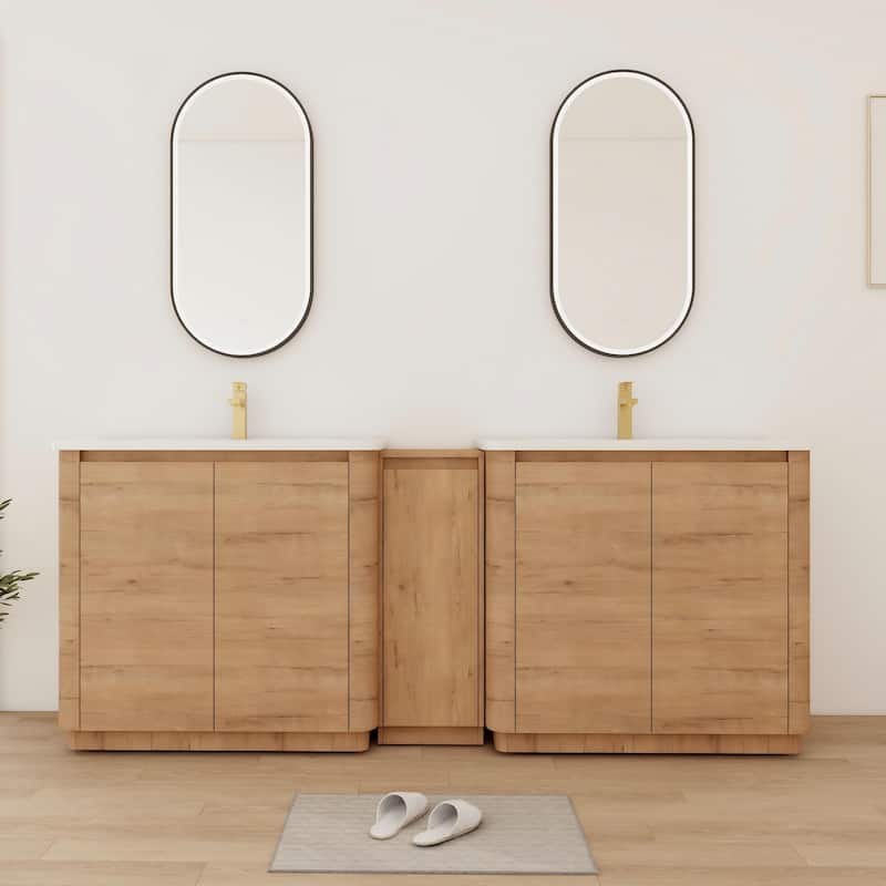 Bathroom Vanity With Sink In 36/40/48/52/60/64/84/92 Inch, Freestanding Bathroom Vanity With Doors and Adjustable Shelf - 84''W×18.8''D×34.1''H - Imitative Oak