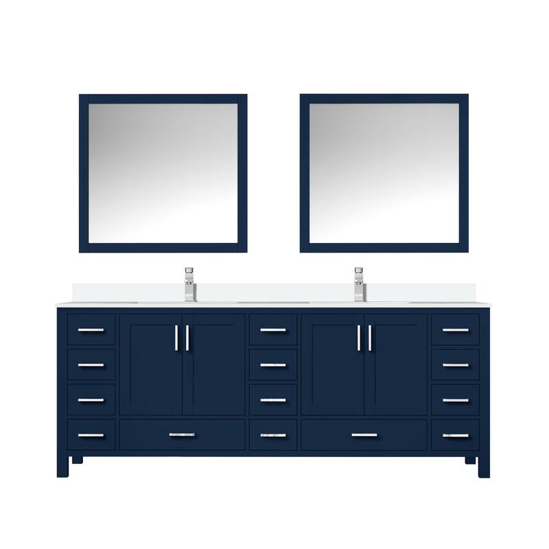 Jacques 84 in. W x 22 in. D Navy Blue Double Bath Vanity, White Quartz Top, Faucet Set, and 34 in. Mirrors