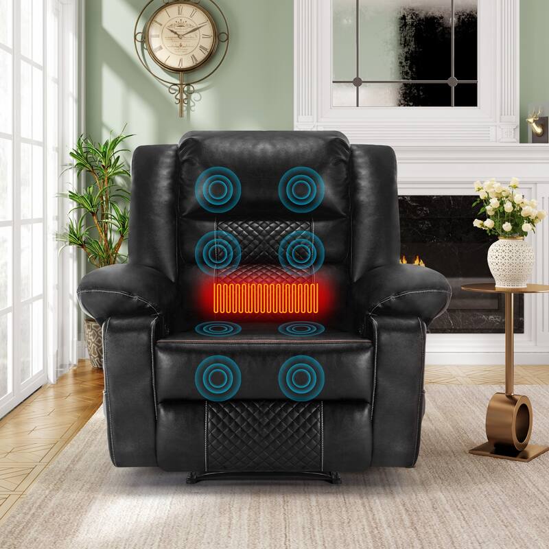 Breathable Leather Manual Recliner for Adults, Modern Living Room Single Recliner Sofa with Massage & Heat and Side Pocket - Black