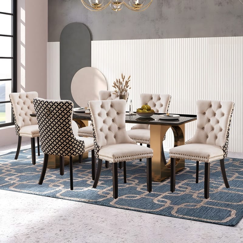 Solid Wood Velvet Upholstered Dining Chair Set of 6 - Beige Grey