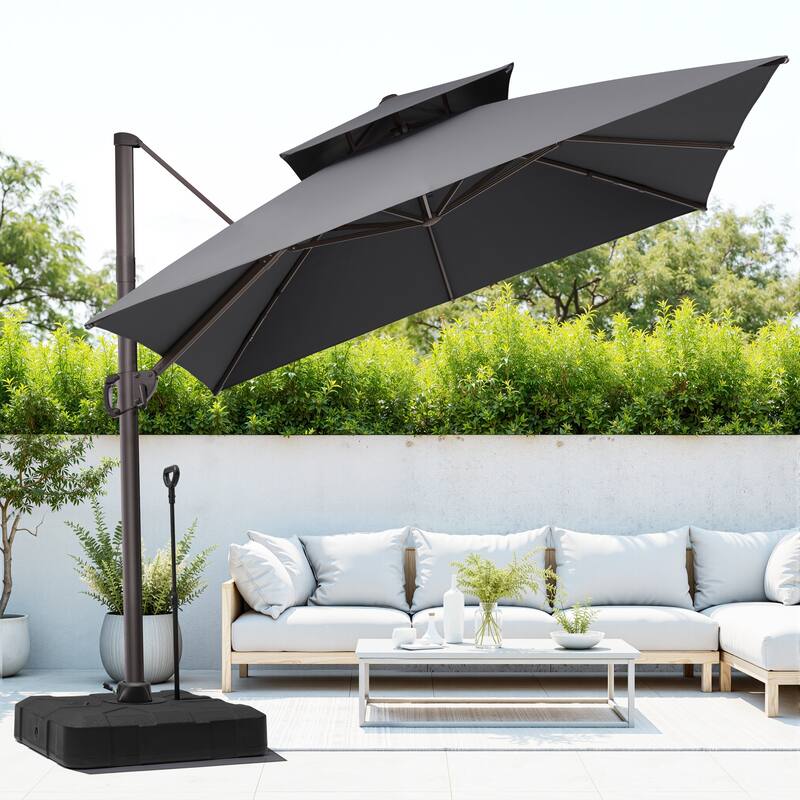 Outdoor 10FT Square Patio Cantilever-Offset Umbrella with Base - Dark Grey