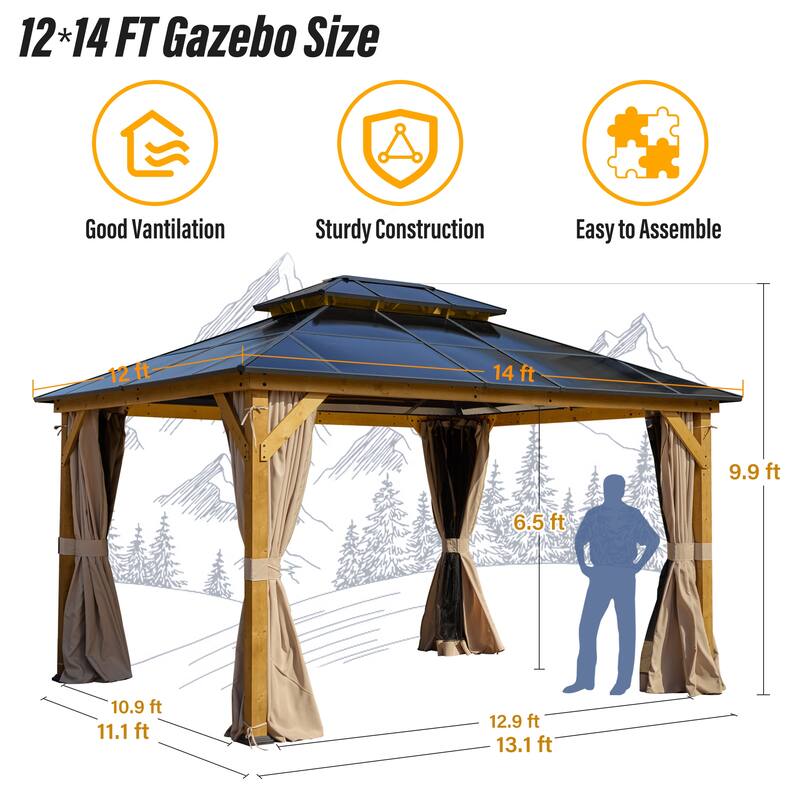 EROMMY Outdoor Wood Gazebo with Double Polycarbonate Roof, Heavy Duty Backyard Patio Pergola Canopy for Garden Shade