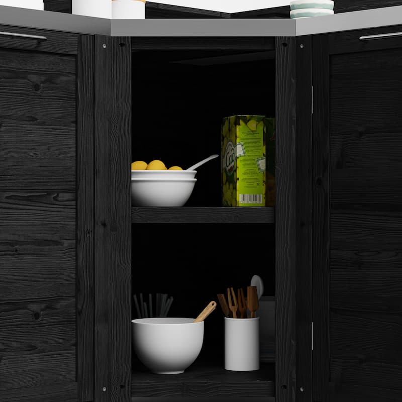 Outdoor BBQ Kitchen Cabinet Set, 100% Solid Wood Patio Kitchen Storage Stainless Steel Countertop