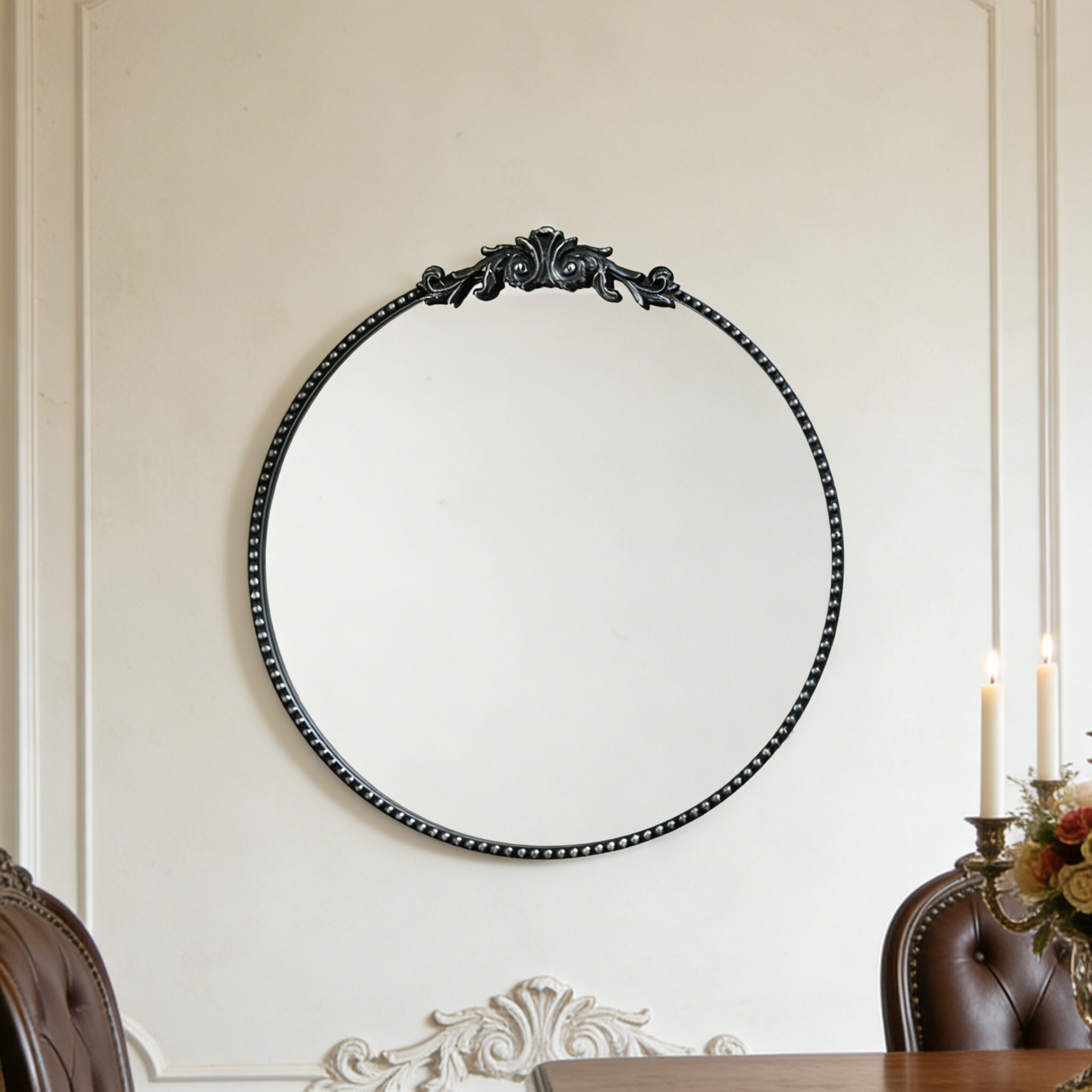 24-inch round metal carved wall mirror, gold or black vintage