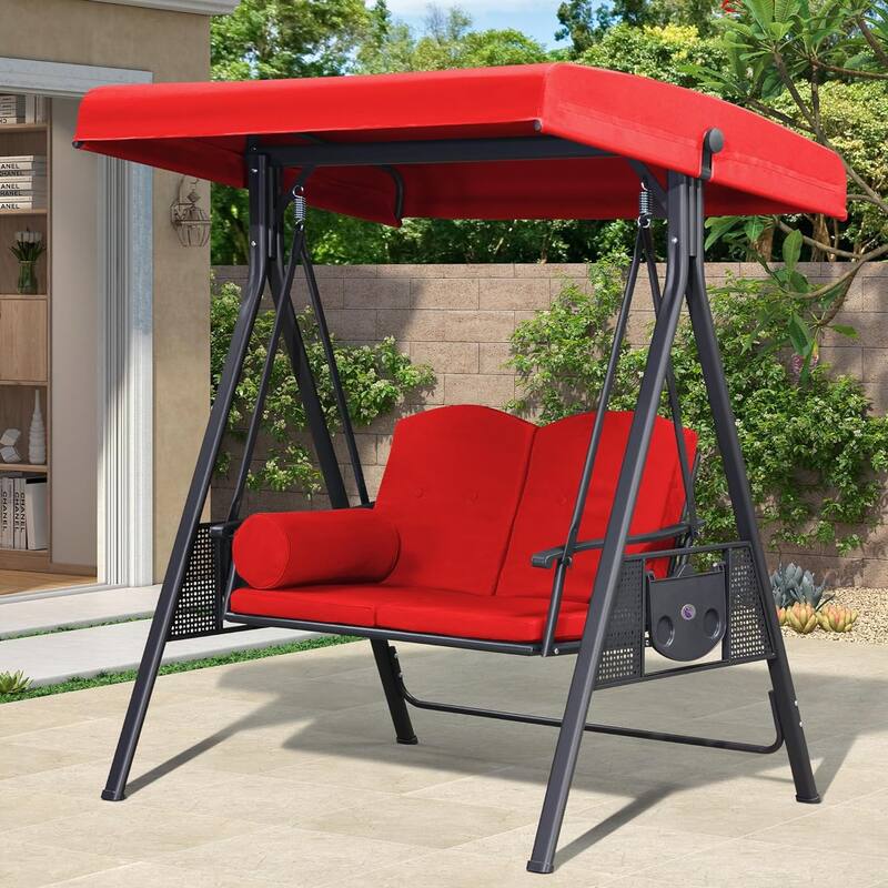 PURPLE LEAF Outdoor Red Patio Porch Swing with Stand, Chair with Adjustable Tilt Canopy All-Weather Steel Frame for Backyard