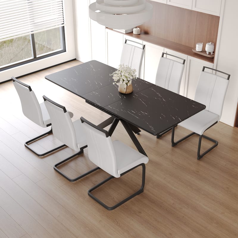 Modern Dining Set with Rectangular Extendable Table & High Back C-shaped Tube Armless Chairs