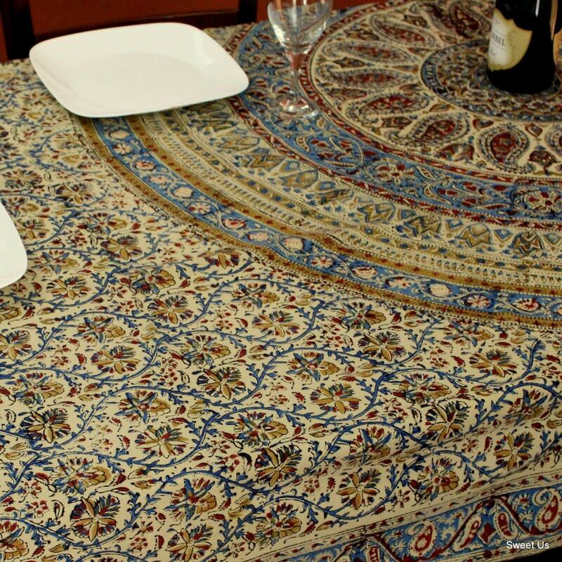 Kalamkari Cotton Block Print Cute Floral Paisley Tablecloth Rectangle
