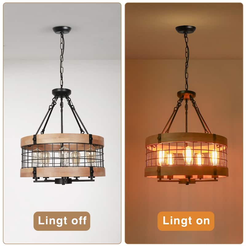 Anmytek Modern Farmhouse 5-Light Wood Cage Chandelier Drum Pendant Lights for Dining Room - 19.6" D x 22.3" H