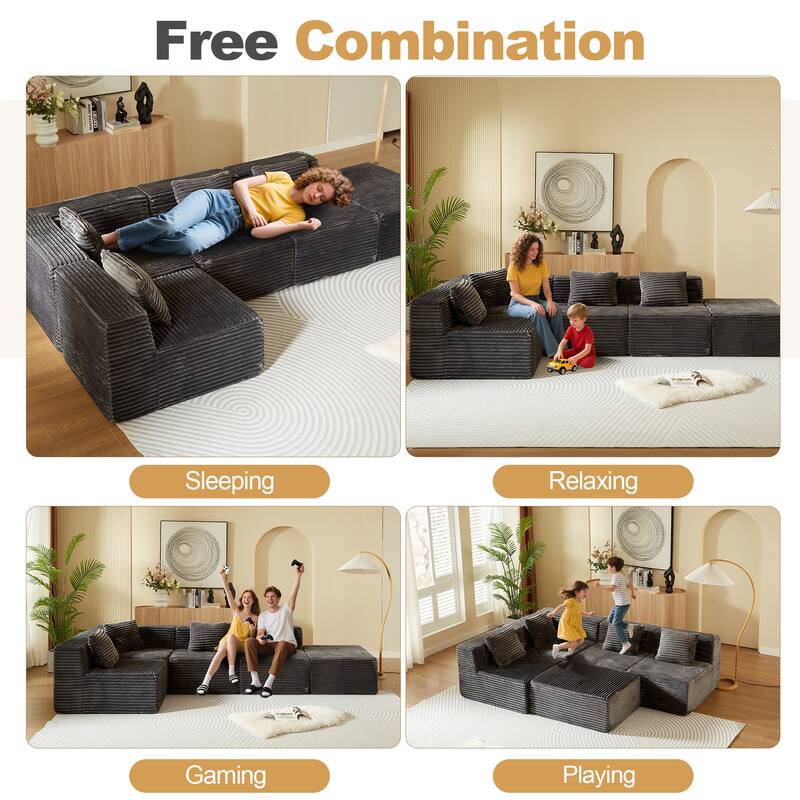 Modular L-Shape Corduroy Sofa in Dark Gray, Easy Assembly