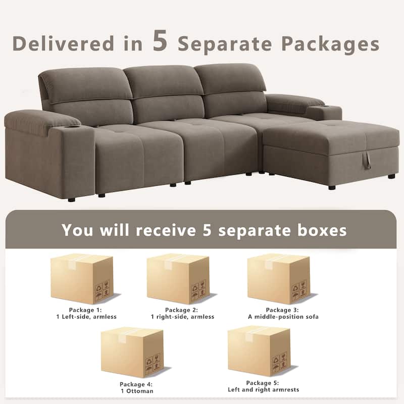 Down Filling Modular Deep Seat Couch L-shaped Sectional Sofa with Adjustable Backrest, Cup Holders, Storage Armrests and Ottoman