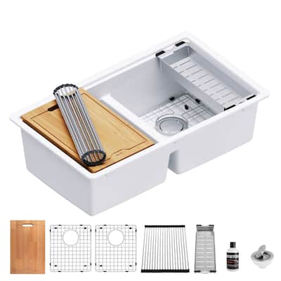 Karran QUWS-880 Undermount 32-1/2 in. Double Equal 50/50 Bowl Workstation Kitchen Sink