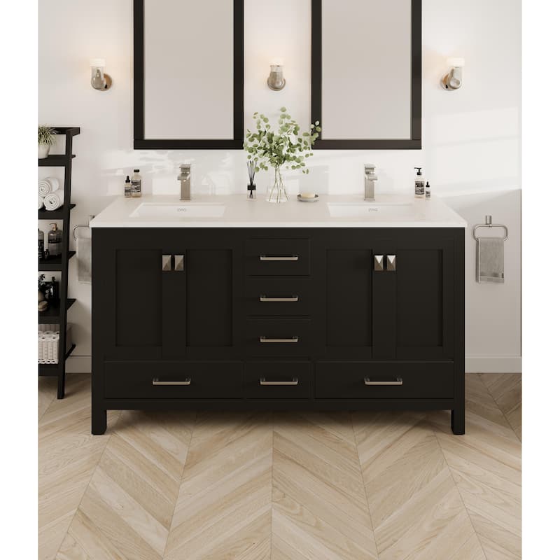 London 60"W Espresso DS Bath Vanity with WH Carrara Quartz Top